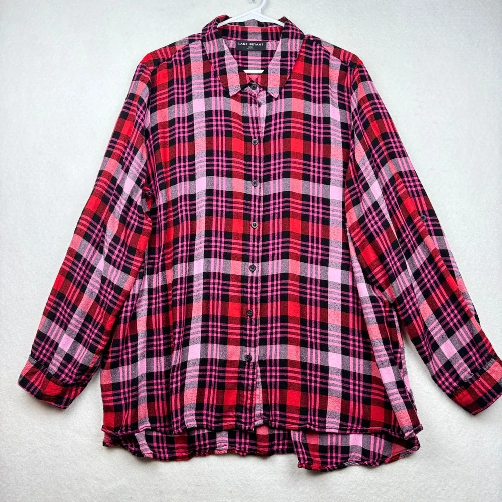 Lane‎ Bryant Plaid Shirt Womens 22/24 Roll Tab Sleeve Grunge
